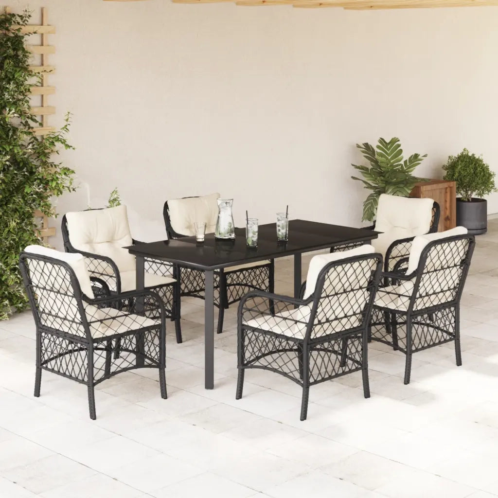Set da Pranzo da Giardino 7 pz Nero con Cuscini in Polyrattan