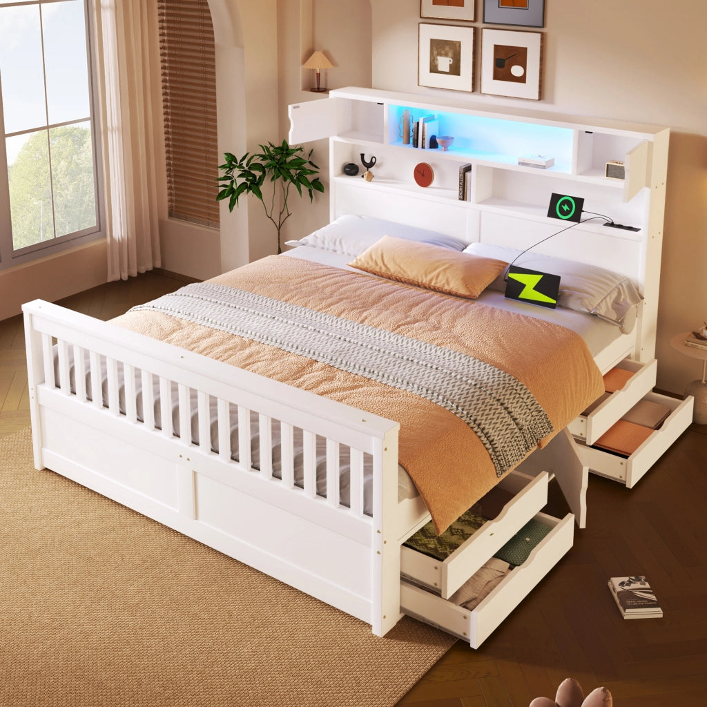 Letto a piattaforma con ripiani e cassetti - Zephmum- 160x200 cm, LED, USB, bianco