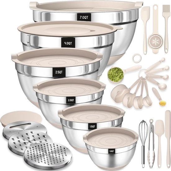 Set di contenitori in acciaio inossidabile, saladekom, set di 6 con coperchio a tenuta di aria e base in silicone, 3 utensili a grattugiare, 6,6 L, 3,8 L, 2,4 L, 1,9 L, 1,4 L, 0,6 L.