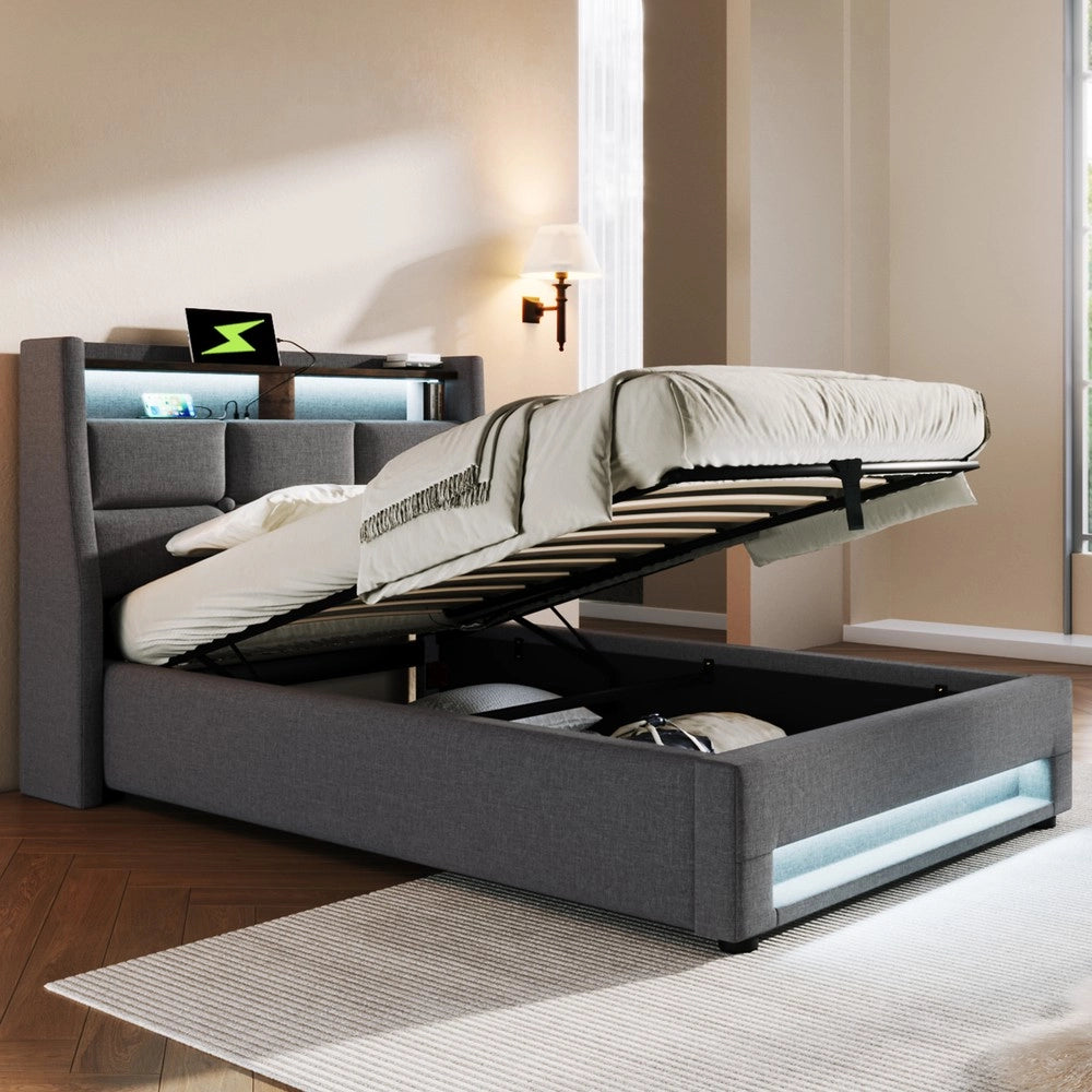 Letto Singolo Imbottito con LED e Rete a Doghe ¨C MINIMAL ¨C Tessuto Lino, 90x200
