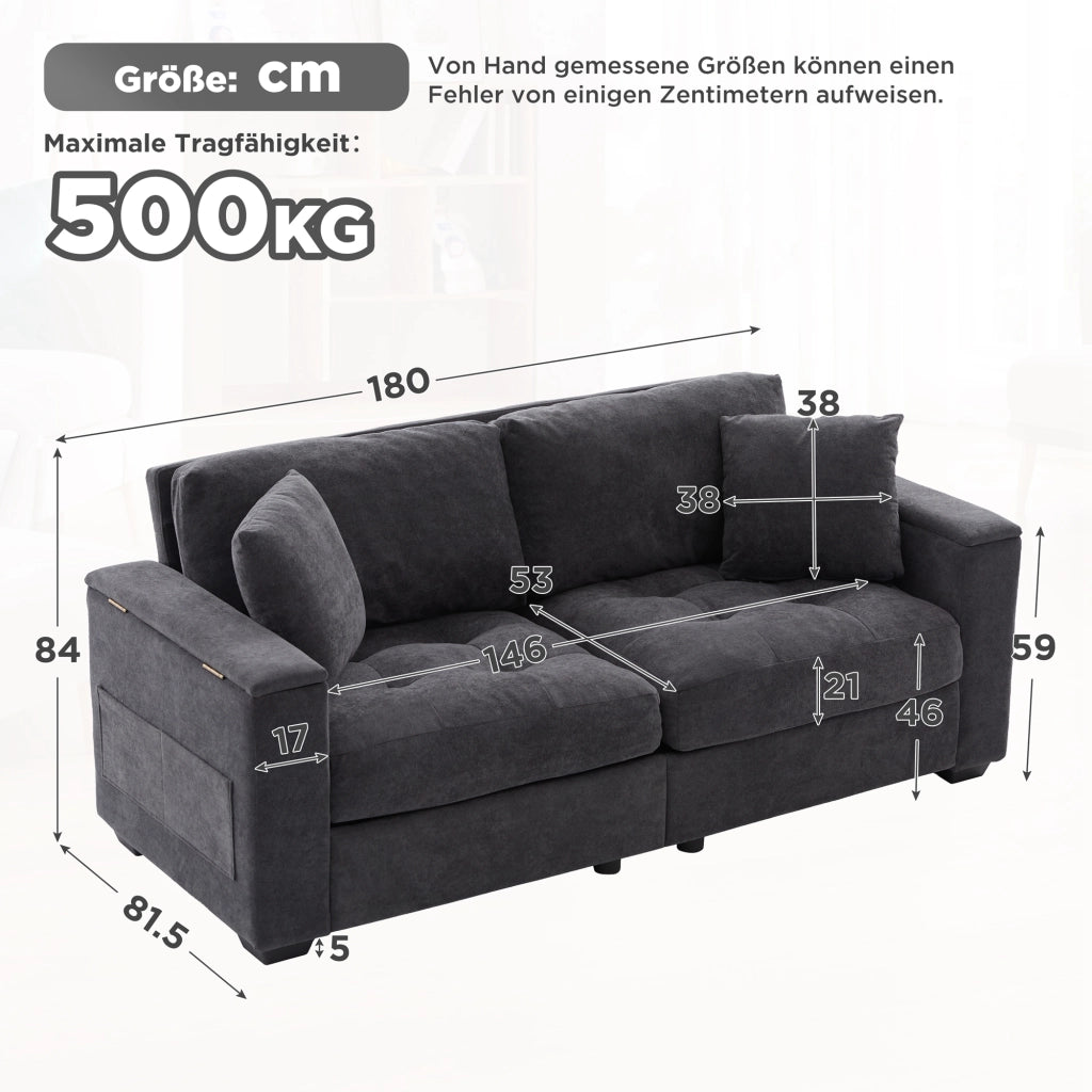 Divano a 2 posti con contenitore nei braccioli e tasche laterali, cuscini inclusi, in chenille grigio scuro
