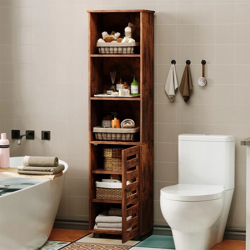 Mobiletto da bagno stretto, marrone scuro, stile rustico