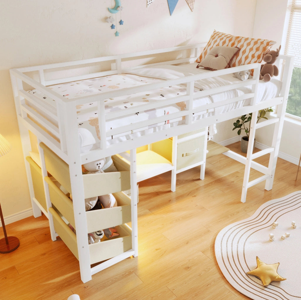 Letto medio alto 90x200 cm in metallo bianco con cuscino; LED multicolore e contenitore