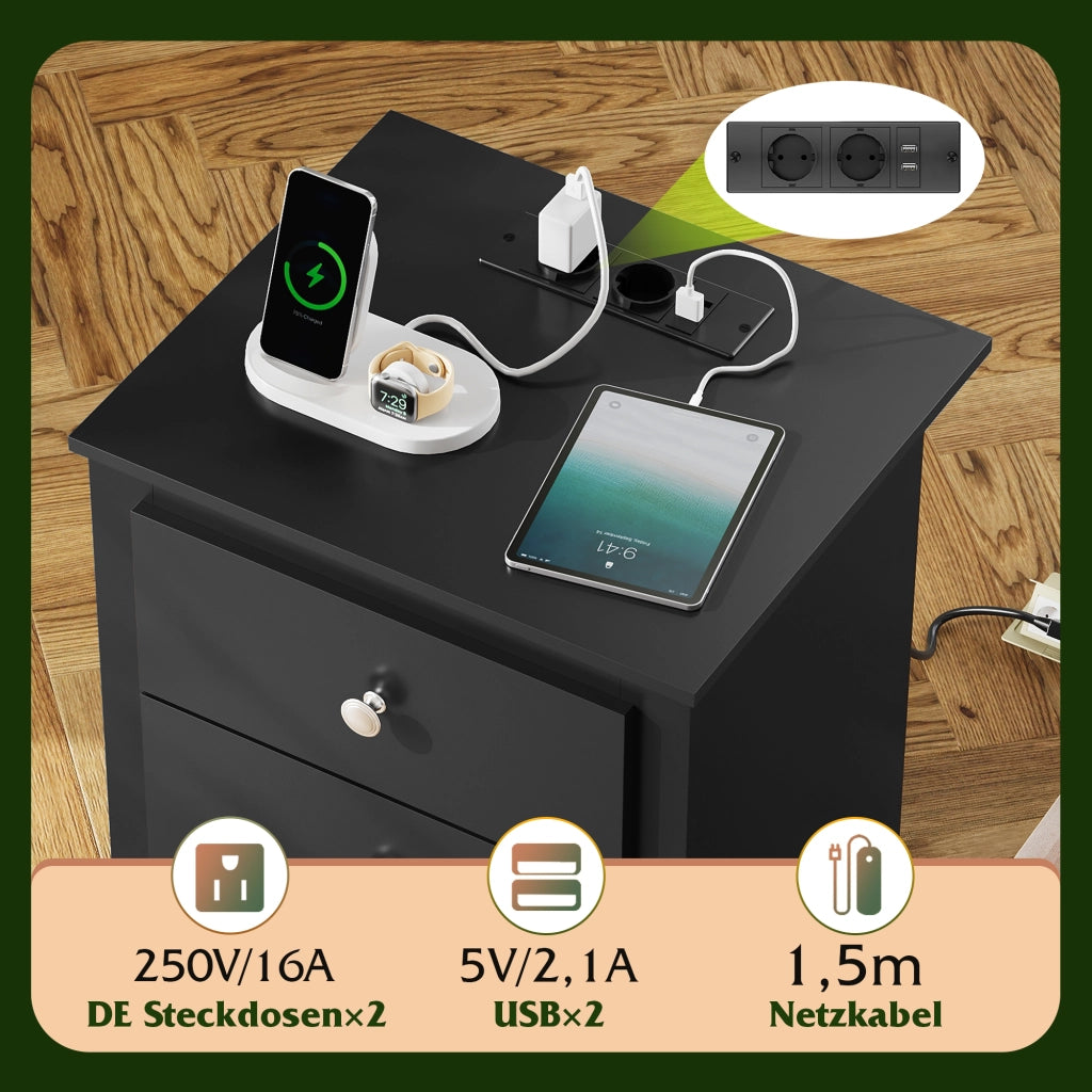 Comodino 3 Cassetti con Prese e USB ¨C Minimal ¨C 2 Pezzi, Nero