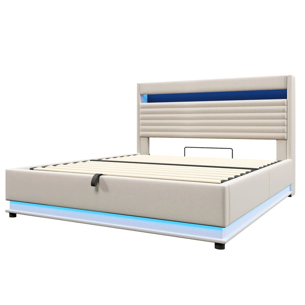 Letto Imbottito Contenitore con LED e USB ¨C MINIMAL ¨C Matrimoniale 180x200, Tessuto Beige