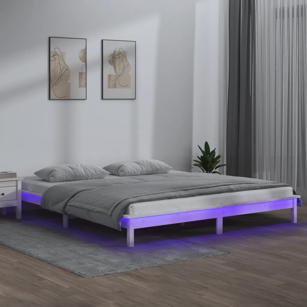 Letto matrimoniale | Letto per adulti | Giroletto con LED Bianco 150x200cm King Size in Legno Massello