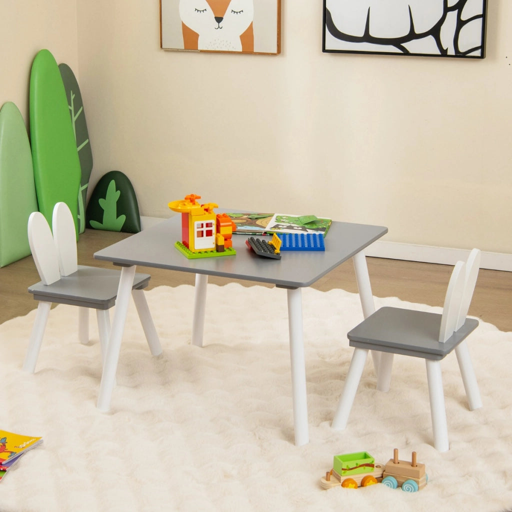 Set tavolo sedie per bambini 3 pezzi per arte, Tavolo e 2 sedie a coniglio gambe in legno massiccio Grigio-Tavoli e sedie