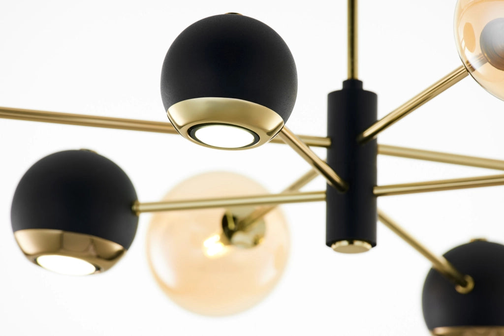 Sospensione MOKA oro/nero globi ambra 8 luci Jupiter