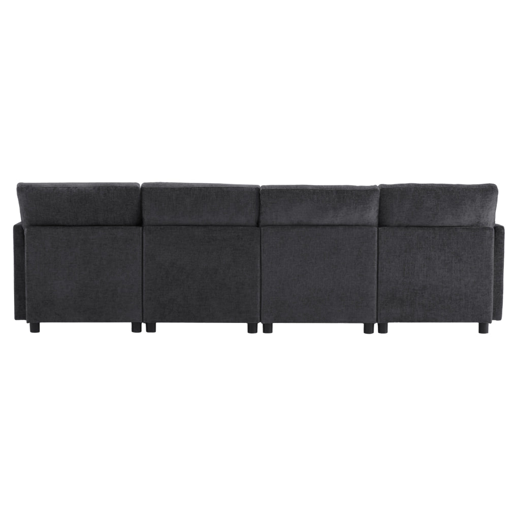Divano modulare 4-6 posti con 2 pouf e 6 cuscini; 278x161x81 cm; in chenille grigio