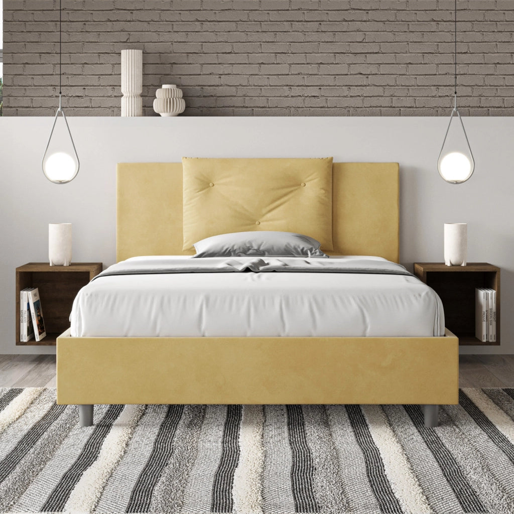 BS COM Letto matrimoniale francese contenitore imbottito 140x210 microfibra ocra