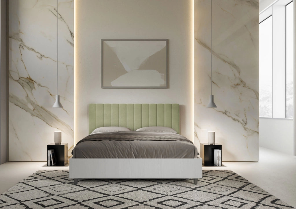 BS COM Letto matrimoniale con rete 160x200 bianco frassino testata microfibra tè verde