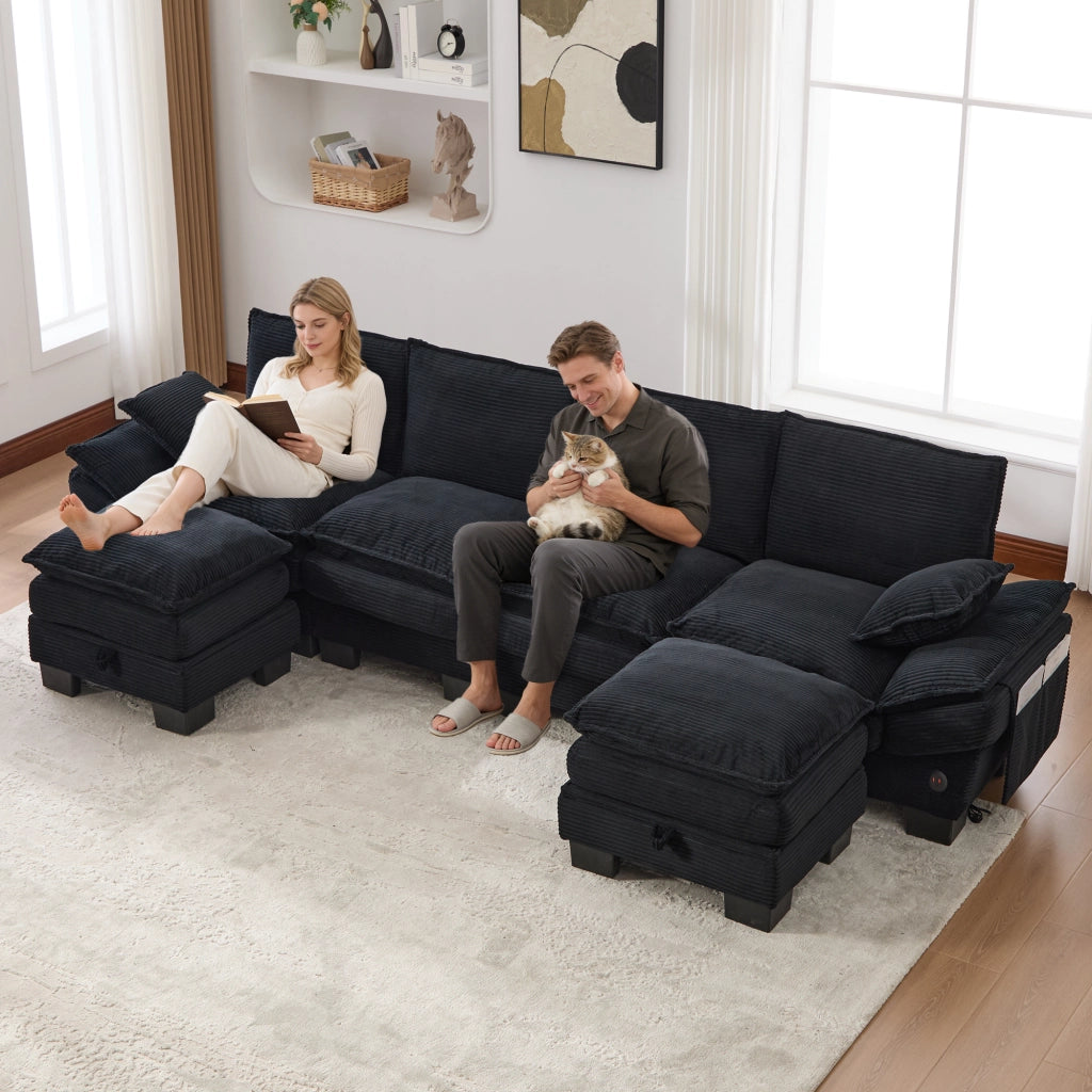 Divano 4 Posti con 2 Poggiapiedi in Tessuto a Coste ¨C MINIMAL ¨C Nero, Braccioli, Cuscini