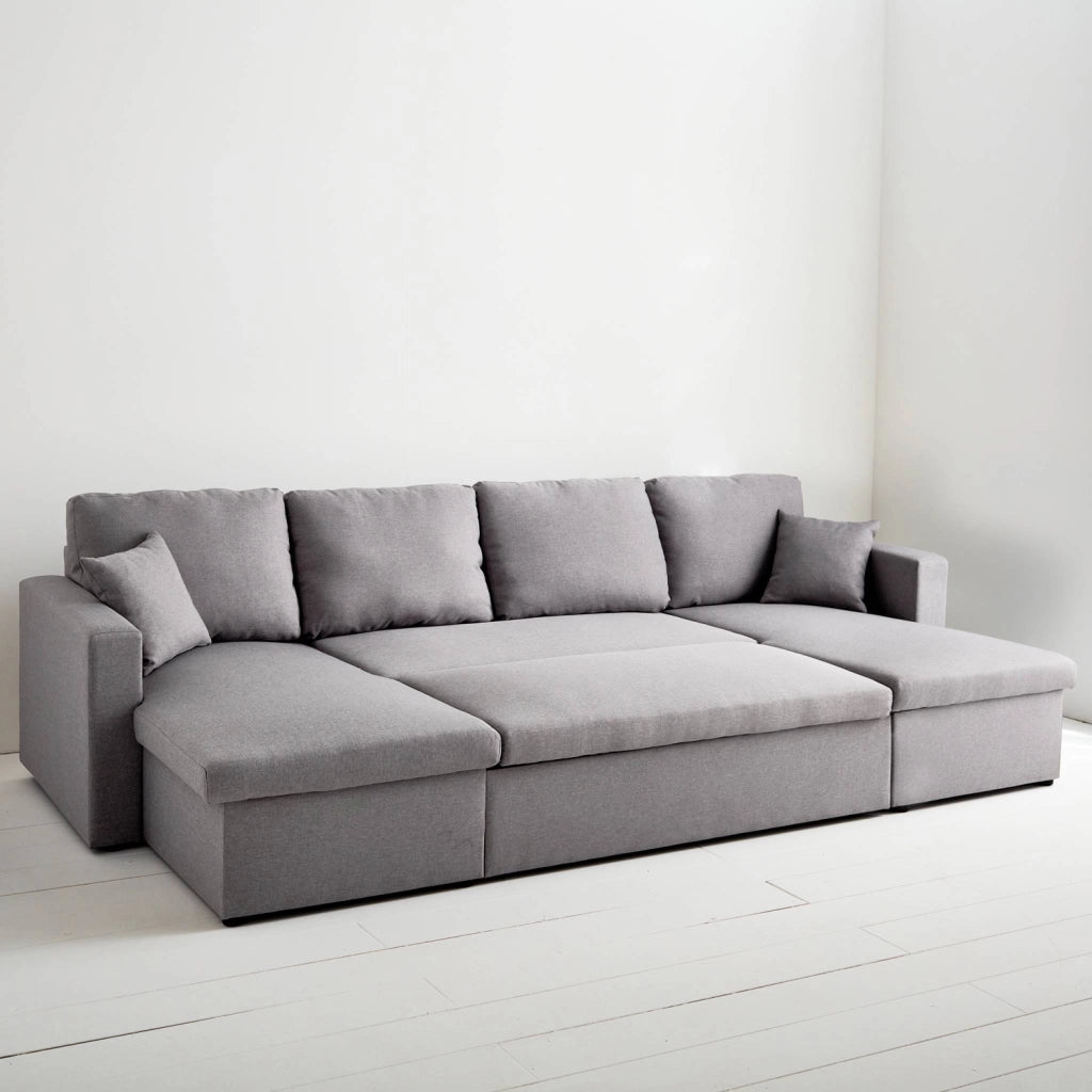 Divano letto panoramico in tessuto, 4 posti, grigio chiaro