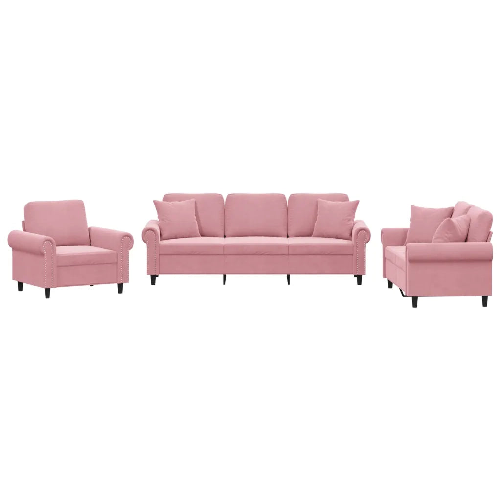 Set di Divani 3 pz con Cuscini Rosa in Velluto
