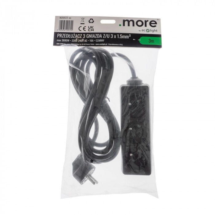 Prolunga elettrica 3 prese 3 m con terra nera Ecolight