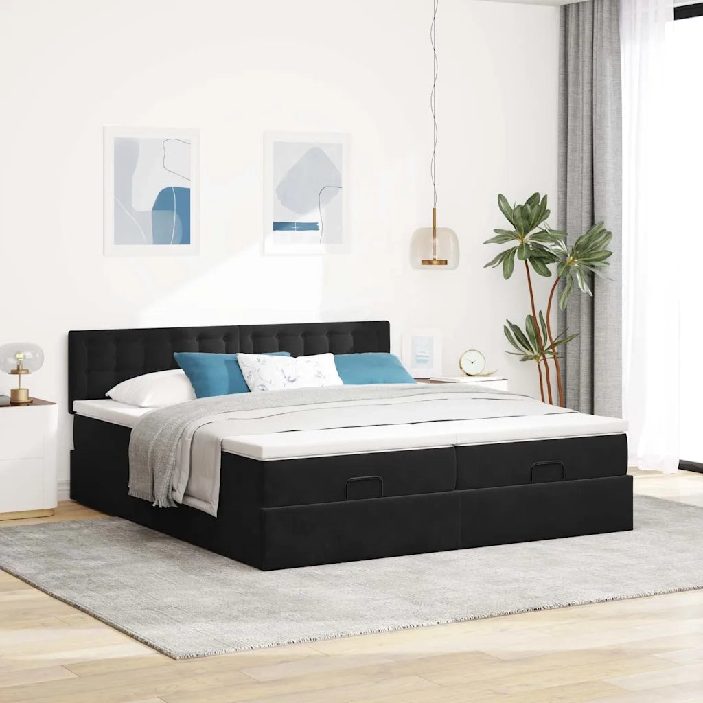 Struttura Letto Pouf con Materassi Nero 180x200 cm in Velluto 3312112
