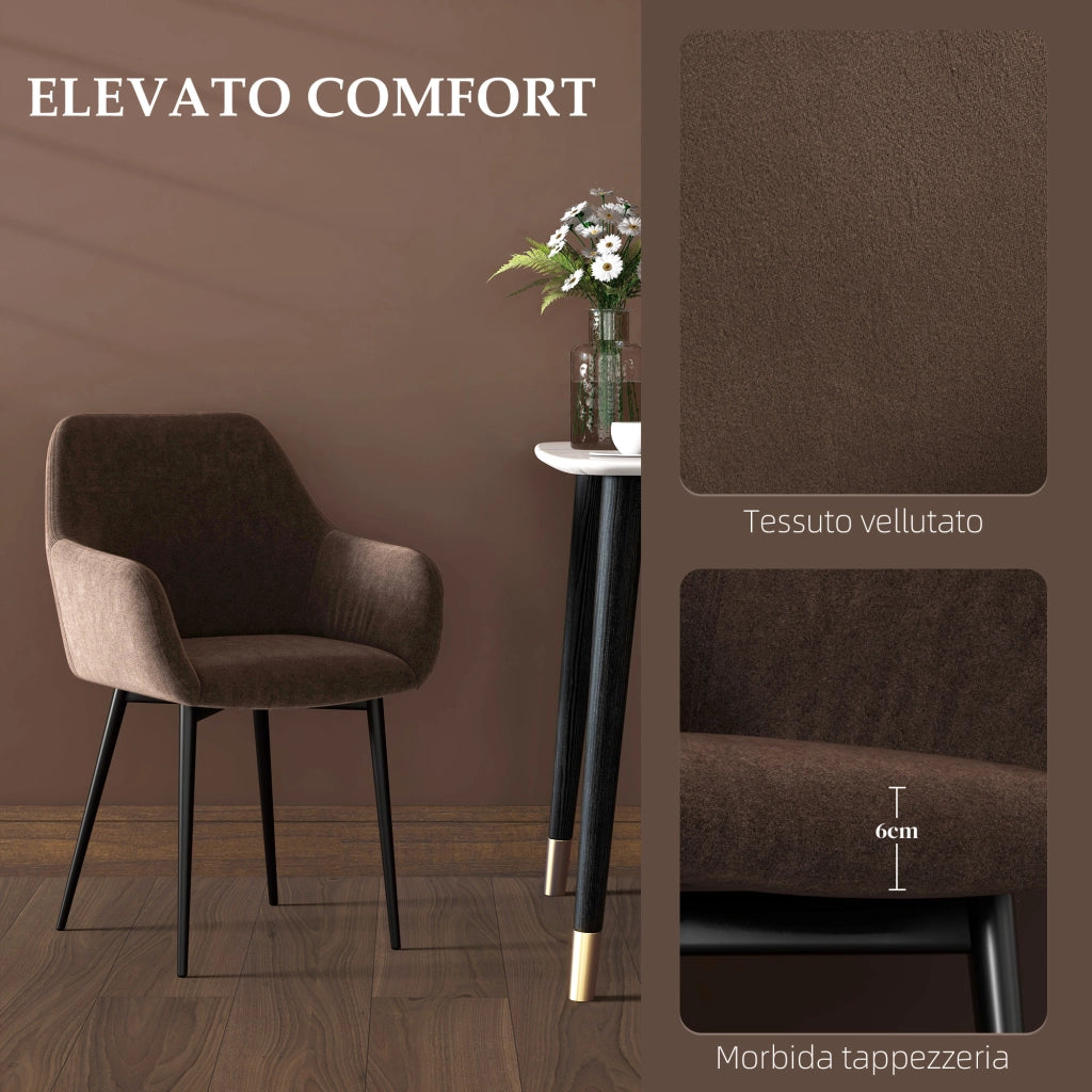 Set 2 Sedie da Pranzo Imbottite con Braccioli in Tessuto Effetto Velluto ¨C Minimal ¨C Marrone 54x57x80 cm