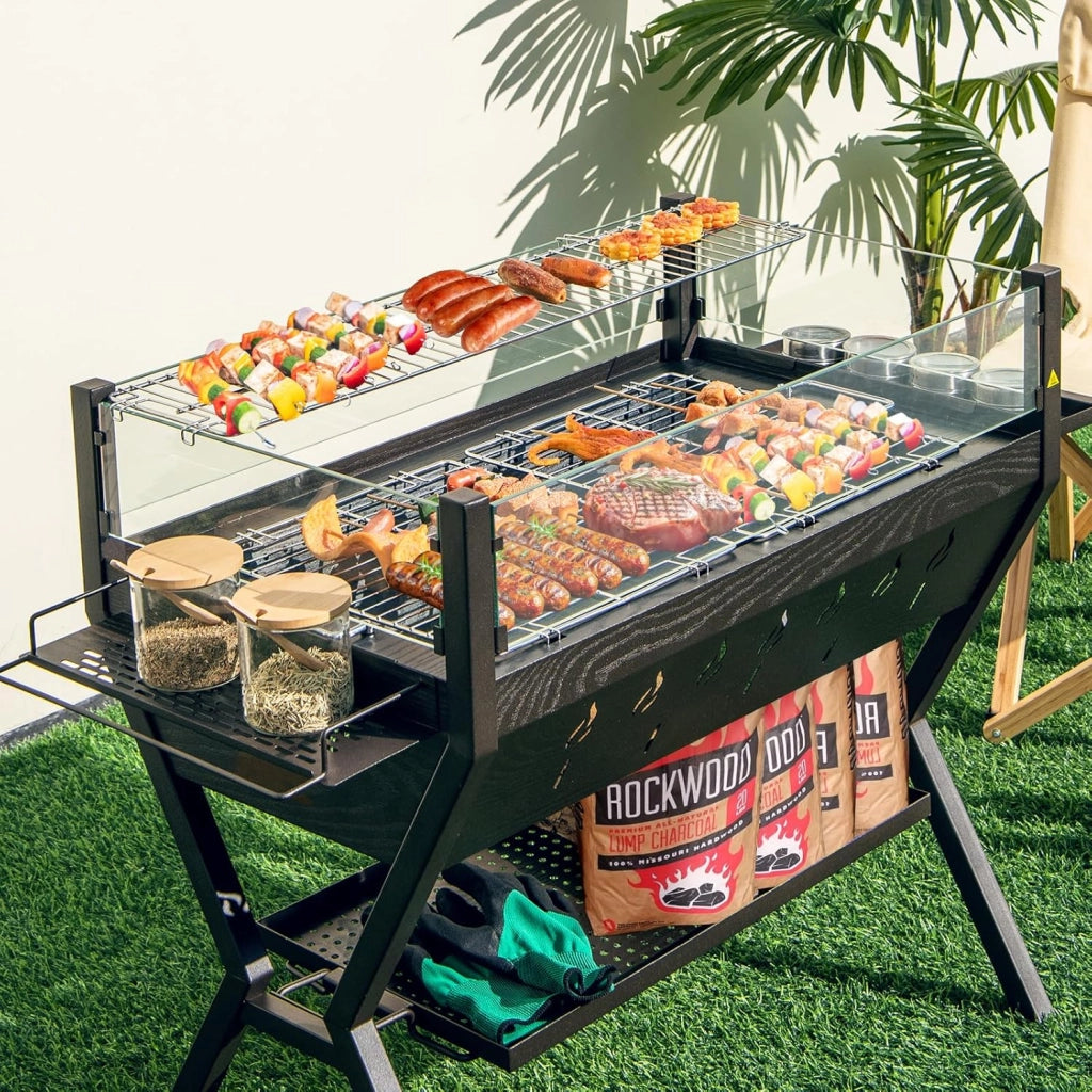 Barbecue a Carbonella, Griglia a Carbone Portatile con Protezione Antivento, Ripiani per Condimenti, Mensola Portaoggetti, per Cucinare, Campeggio e picnic