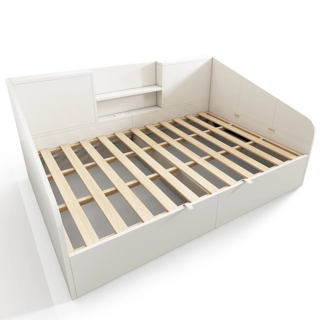 Letto a Divanetto 140 x 190 cm con Contenitore; USB; Type-C e Mensole in Legno - Bianco