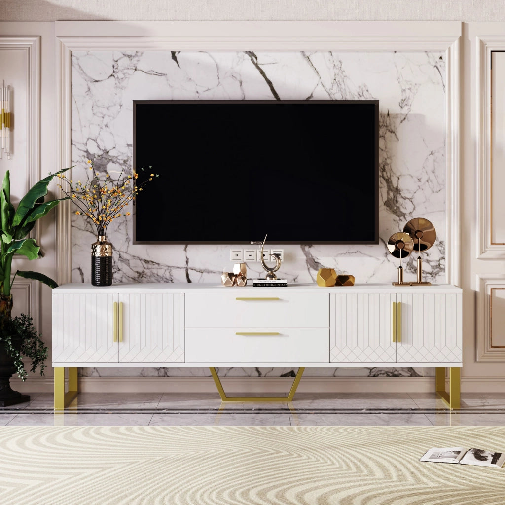 Mobile TV Lucido ¨C MINIMAL ¨C Bianco con Ante Texture, Gambe e Maniglie Dorate