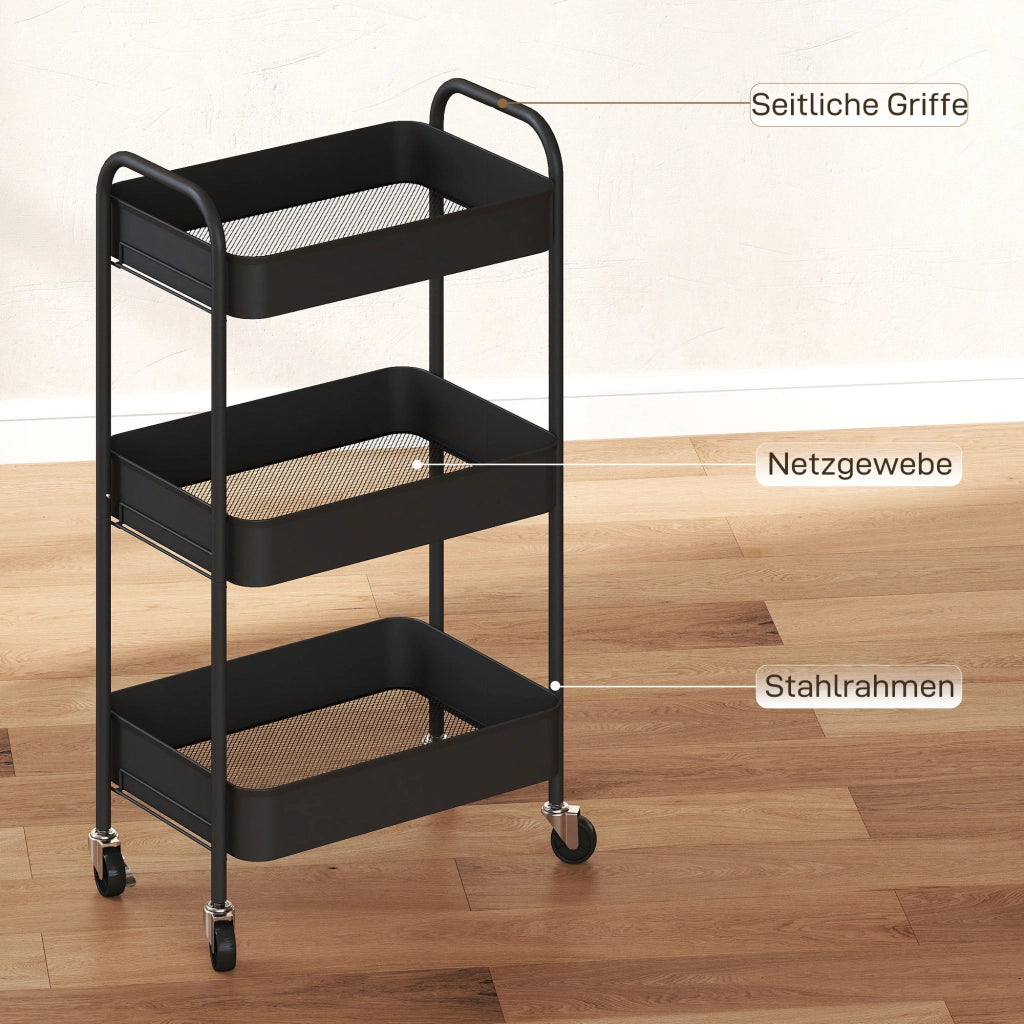 Carrello Multiuso con 3 Ripiani e 4 Ruote ¨C Minimal ¨C Nero 45x30.6x79 cm