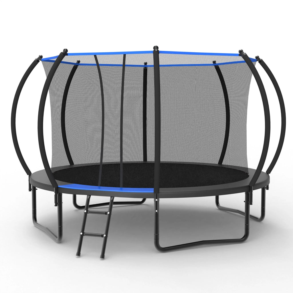 Trampolino rotondo 366 cm con rete di sicurezza e scala, per esterno, in acciaio, nero e blu