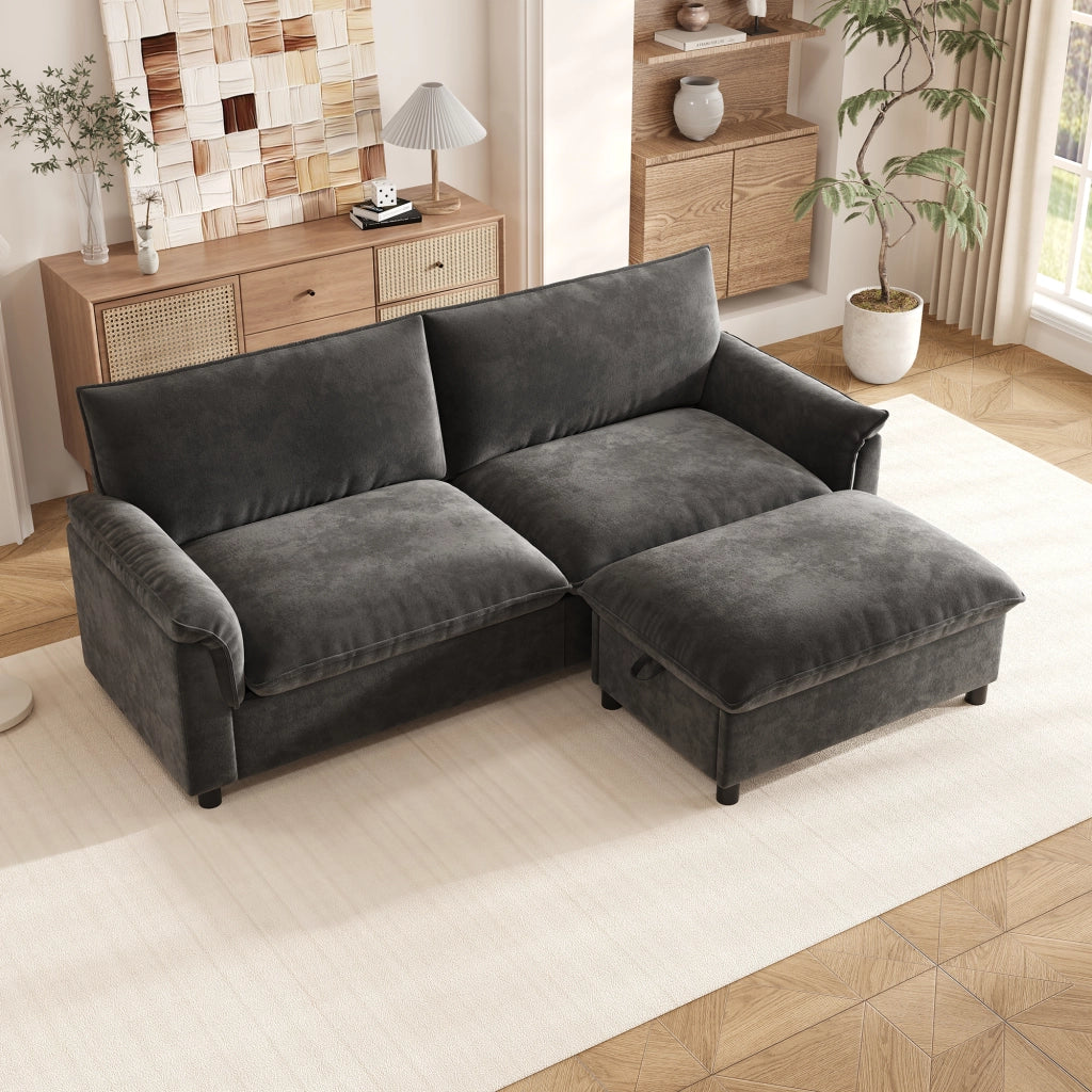 DIVANO Angolare Modulare 216 cm in Chenille Nero con 1 poggiapiedi