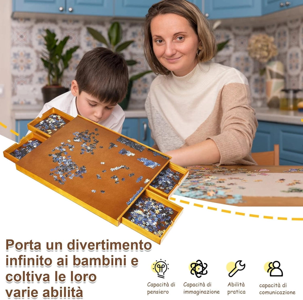 Tavolo puzzle con 4 cassetti, piattaforma puzzle fino a 1000-1500 pezzi, tavola puzzle in legno, tavola puzzle con superficie di lavoro piana, 80 x 65 cm