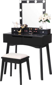 Tavolo per trucco con specchio illuminato e cassettiera - Nero