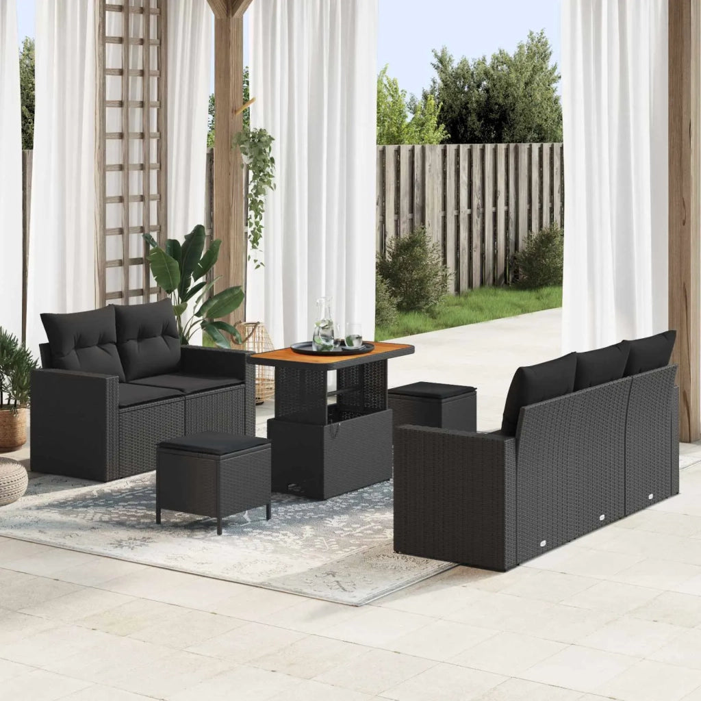 Set Divano da Giardino con cuscino 8 pcs Nero polyrattan