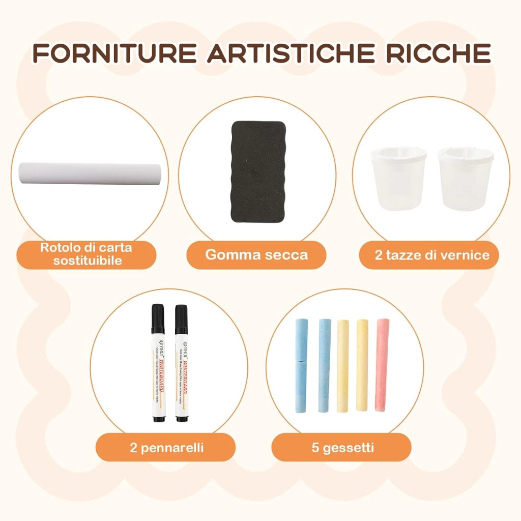 Set 3 in 1 Tavolo e Sedie per Bambini 3+ Anni, Tavolo in Legno Sicuro con Lavagna Cancellabile, Magnetica, Cavalletto Regolabile, Libreria e Accessori Artistici, Ideale per Disegno (Bianco)