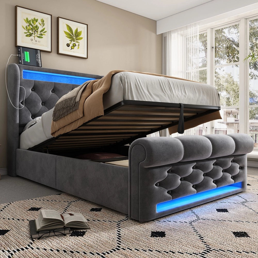 Letto Singolo Imbottito Contenitore con LED ¨C MINIMAL ¨C Grigio Velluto 90x200