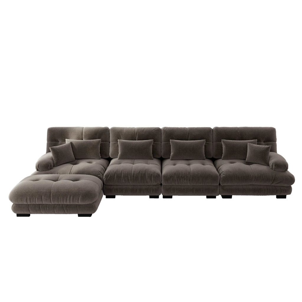 Divano Angolare Modulare 4 Posti ¨C MINIMAL ¨C Chenille, Marrone, con Poggiapiedi