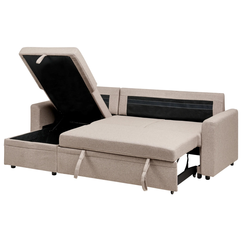 Divano letto angolare con contenitore lato destro marrone chiaro rivestimento in poliestere effetto lino contenitore cuscini design moderno