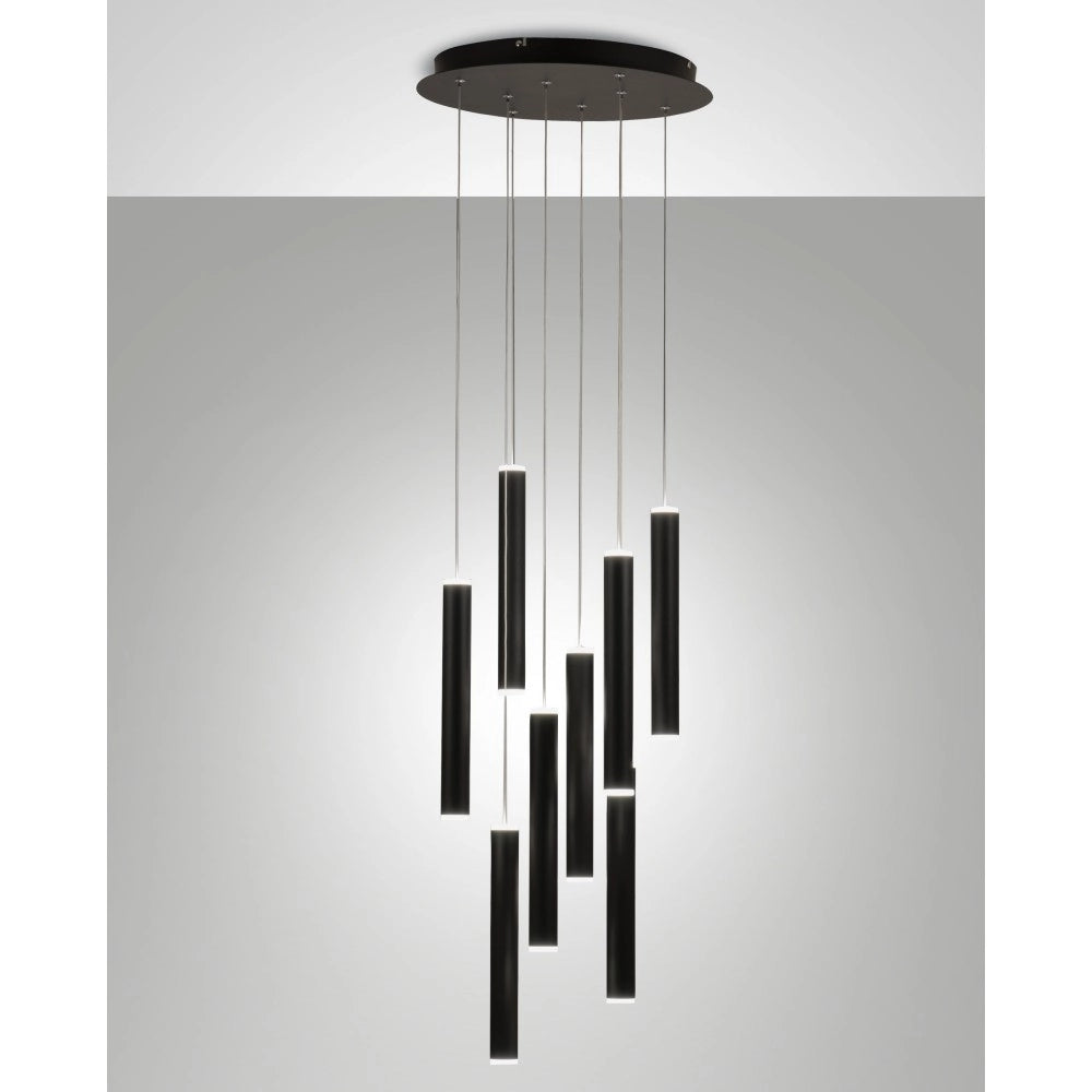 Lampada a sospensione circolare Prado 8 luci Fabas Luce - LED 52 W dimmerabile - Nero opaco Rosone rotondo