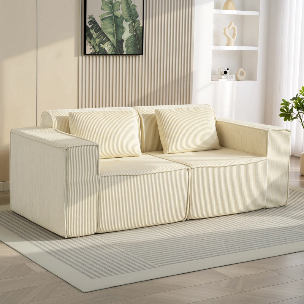 Divano 3 Posti Modulare con Braccioli Larghi e Cuscini in Velluto ¨C Minimal ¨C Beige