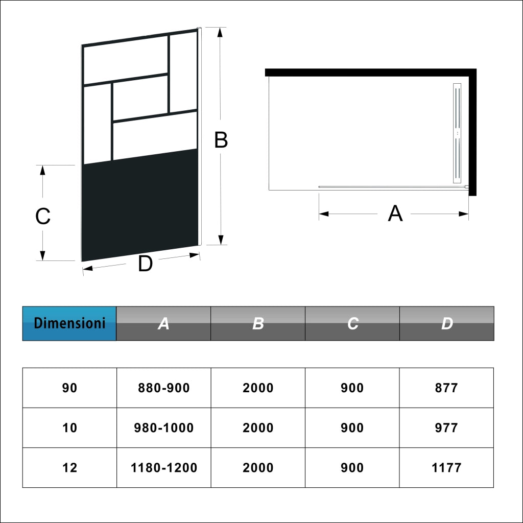 Doccia Walk In Parete Fissa Vetro Temperato 8 mm Anticalcare 100x200cm Semitrasparente Riquadri Nero Serigrafato Barra Stabilizzatrice da 90 cm