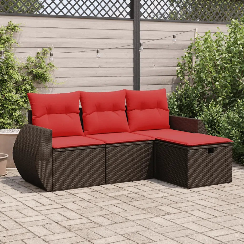 Set Divano da Giardino 4 pz | Set Salotto da Giardino con Cuscini Marrone in Polyrattan