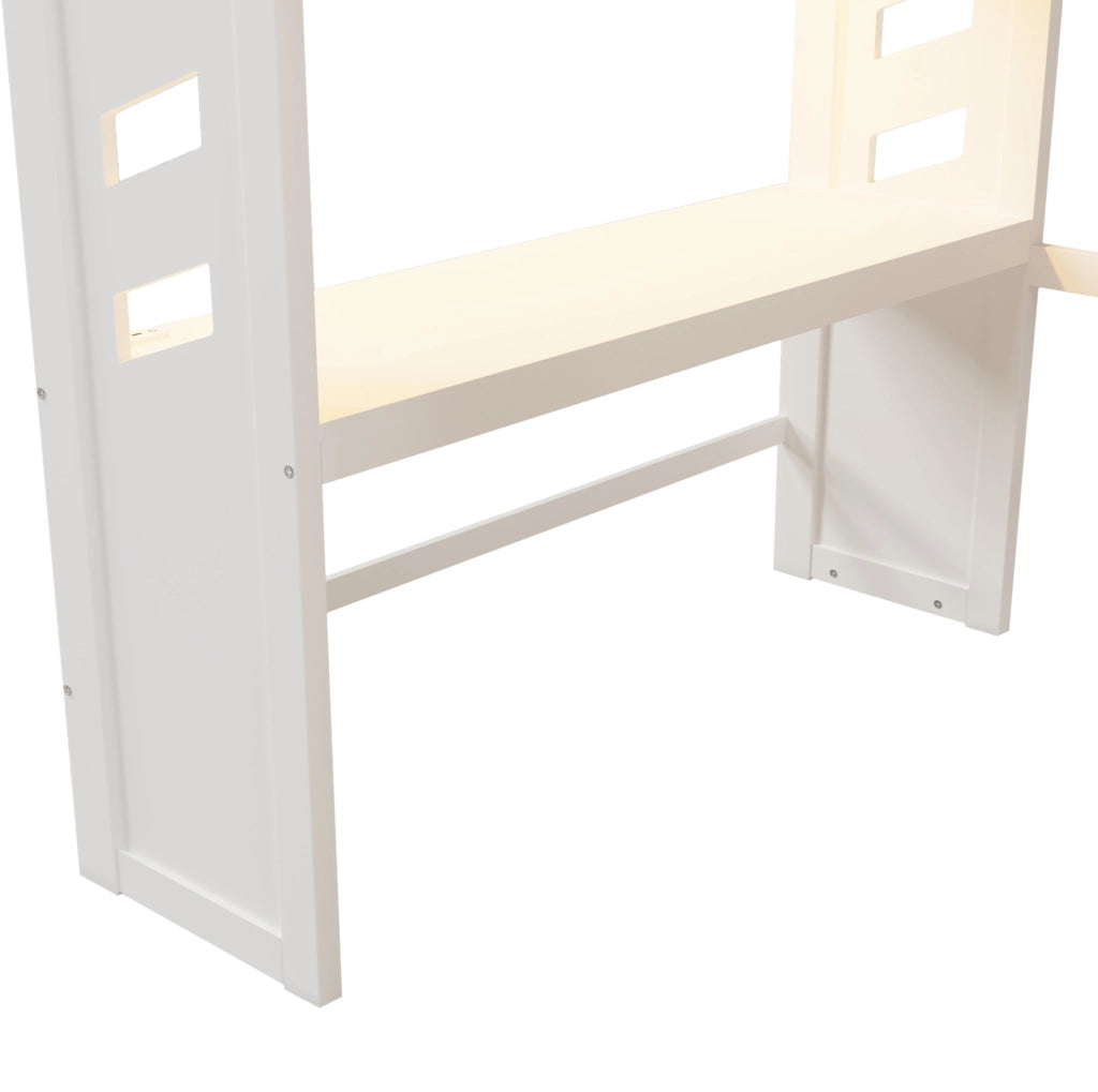 Letto a soppalco 140x200 cm con scrivania; LED; USB-C; cassetti e appendiabiti; bianco