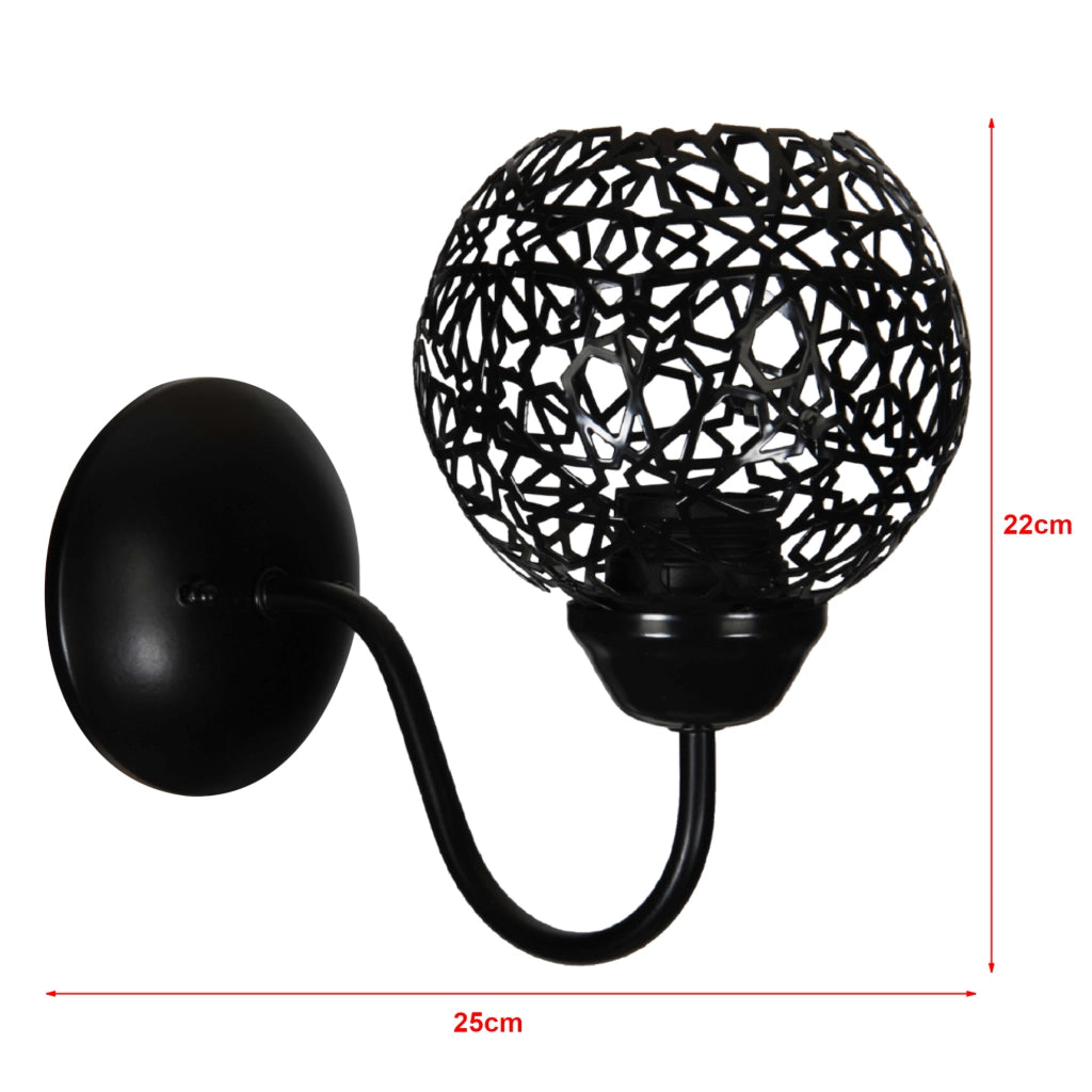 Applique 'Petherton' per Interni a Braccio Curvo Lampada da Parete con Paralume Sferico a Rete - Nero - lux.pro