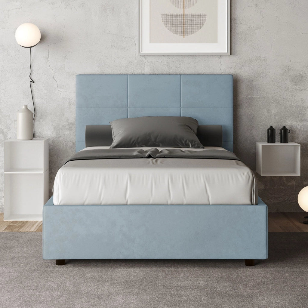 Letto 1 Piazza e Mezzo 120x190 cm con Rete e Contenitore Mika Azzurro