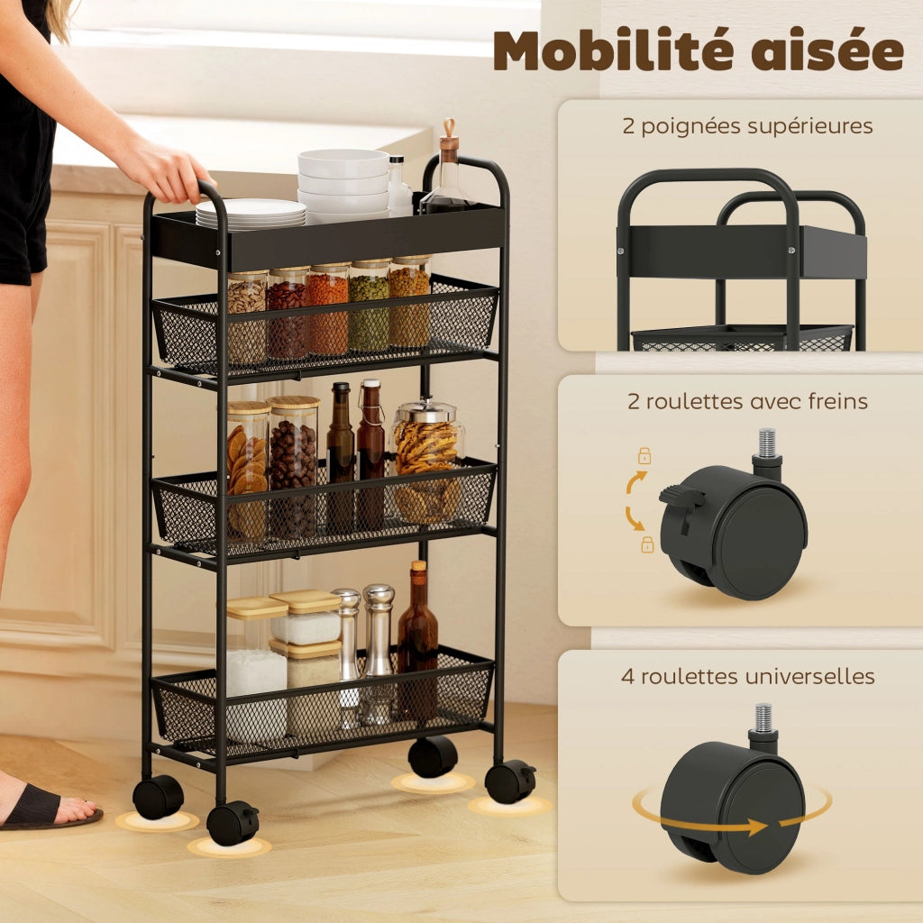 Carrello portaoggetti 4 ripiani con rotelle ¨C Xylo ¨C 3 cassetti scorrevoli metallo nero 19x43x80cm