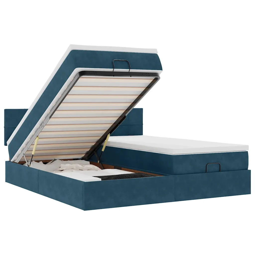 Pouf Letto con Materassi e LED Blu Scuro 200x200cm Velluto