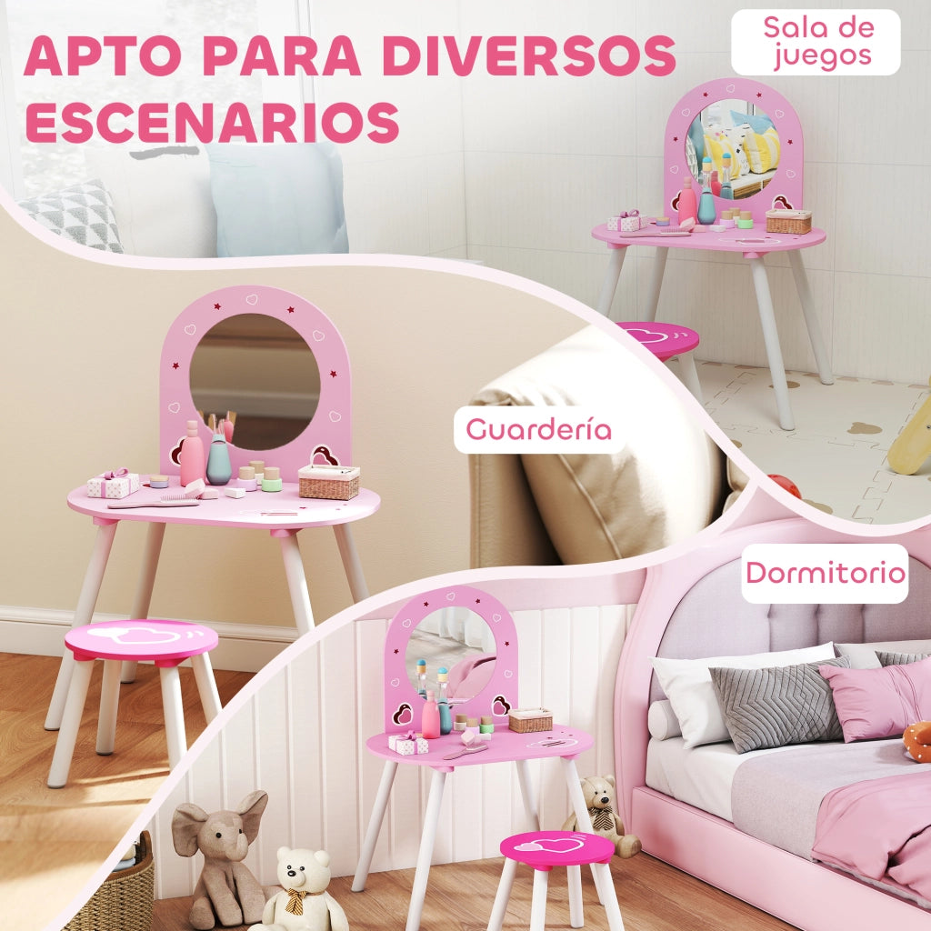 Tocador Bambini con Specchio e Sgabello ¨C Zephmum ¨C Rosa 3-6 Anni