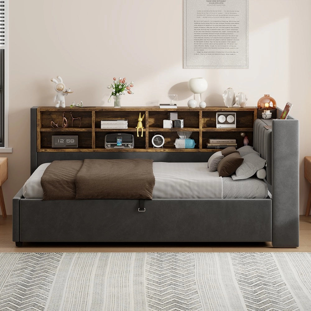 Letto Imbottito Contenitore 90x200 con Luce LED e USB ¨C MINIMAL ¨C Velluto Grigio Scuro