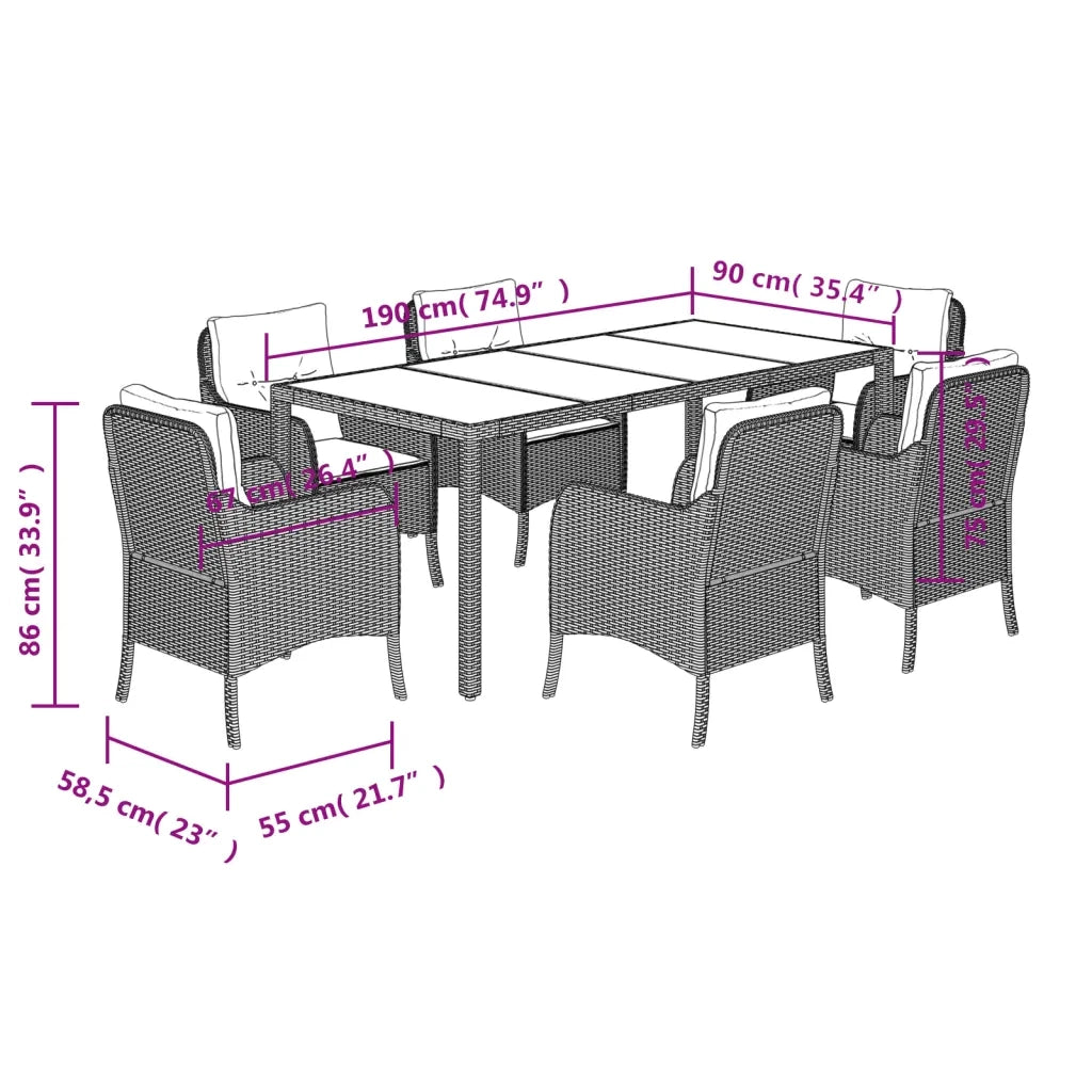Set da Pranzo da Giardino 7 pz Nero con Cuscini in Polyrattan