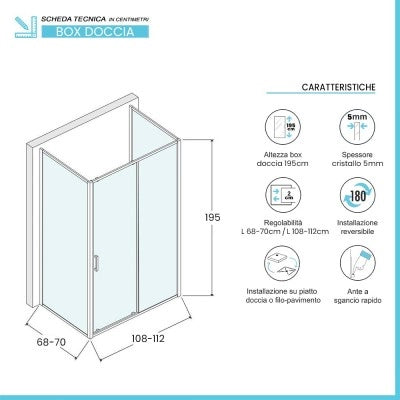 Box doccia 3 lati 70x110x70 con porta scorrevole trasparente  Tay
