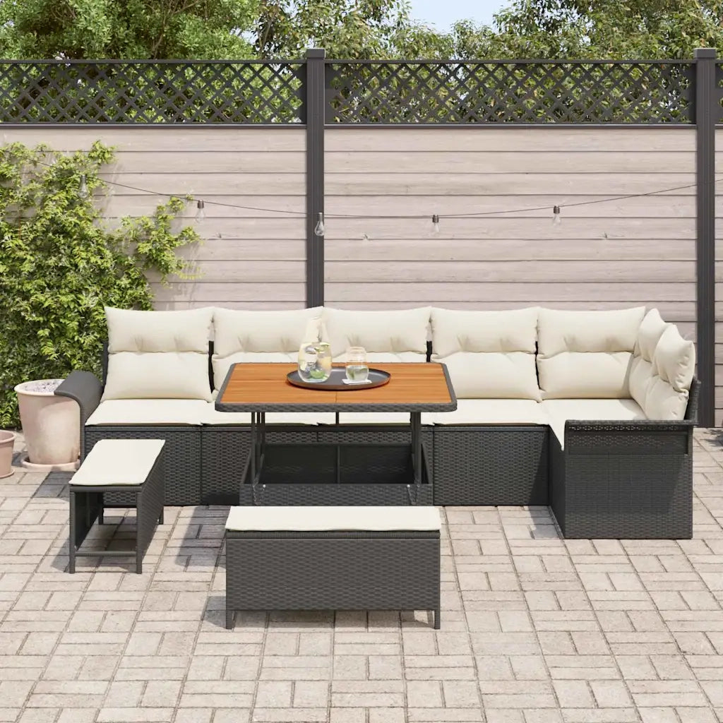 Set Divano da Giardino con cuscino 9 pcs Nero polyrattan