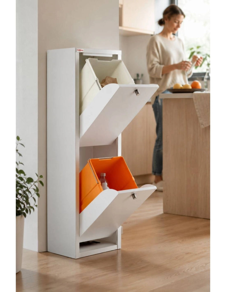 Mobile per la raccolta differenziata LUA – 2 scomparti (40 L), bianco, design moderno e compatto