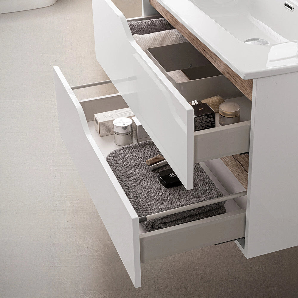 Mobile bagno sospeso 80 cm bianco e quercia con lavabo Sumya